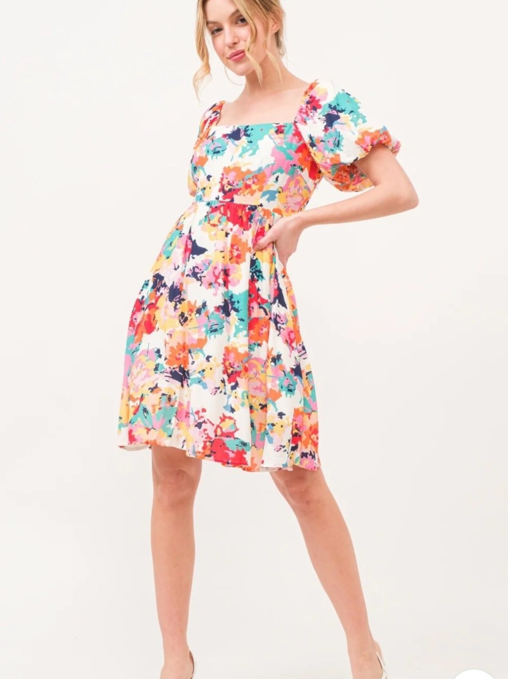 Andthewhy Square Neck Puff Sleeve Floral Dress